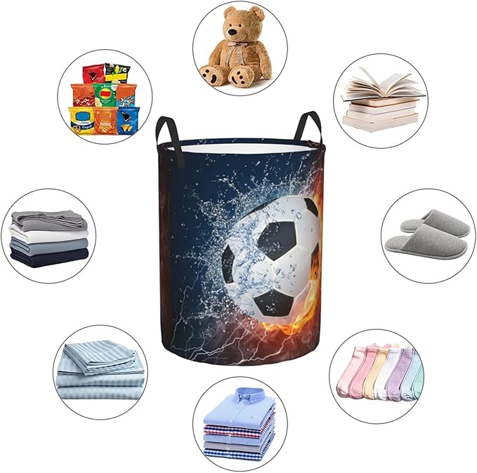 Soccer Ball In Fire And Water Round Laundry Hamper Sport Football Storage Basket Toys Clothes Organizer Bin For Home Bathroom Bedroom Dorm Nursery, 62l