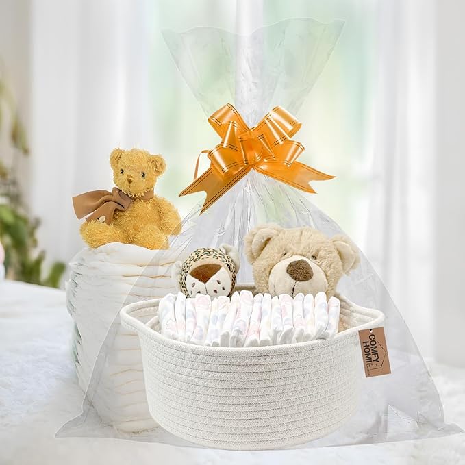 COMFY HOMI Small Woven Gift Baskets with Handles, Gift Bags and Ribbons - Cotton Rope Storage Basket for Organizing, Dog Toy Basket Box, Gift Baskets Empty, Mother’s Day-φ11X5 Inch, （all white）