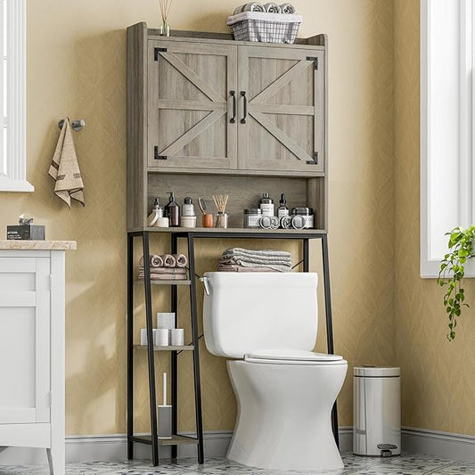 Vabches Over The Toilet Storage Cabinet, Farmhouse Storage Cabinet Over Toilet with 2 Barn Door & Toilet Paper Holder Stand，Home Space-Saving Toilet Rack, for Bathroom, Restroom, Laundry