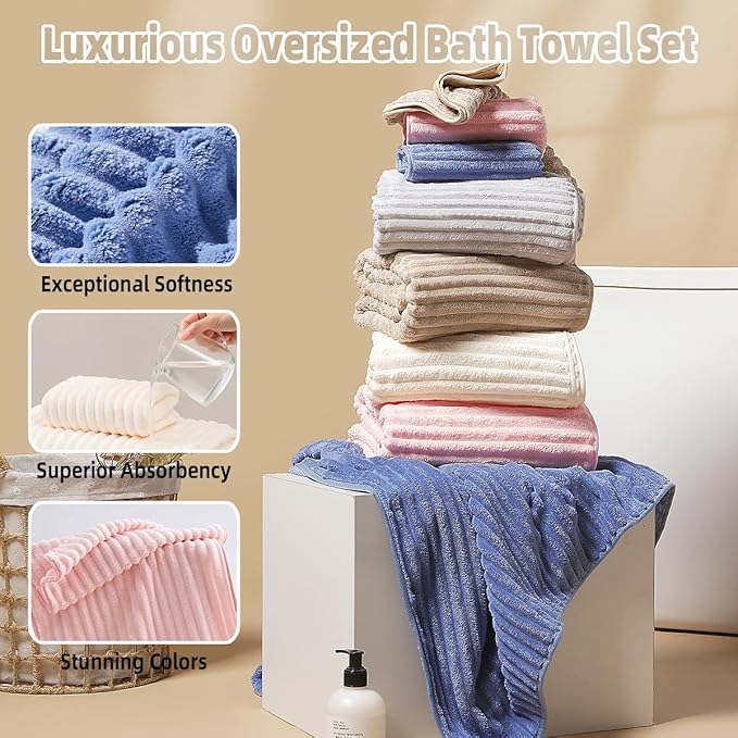 10 PCS Rainbow Coral Fleece Towels Set 5 (60×40in + 30×13in) - Super Absorbent,Extra Large Size, Cost-Effective(Milk White, Deep Blue, Coffee, Pink, Gray)