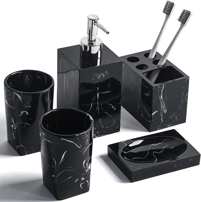 5-Piece Bathroom Counter Top Accessory Set - Dispenser for Liquid Soap or Lotion, Soap Dish, Toothbrush Holder and 2 Tumblers, Marble Pattern Resin (Ink Black)