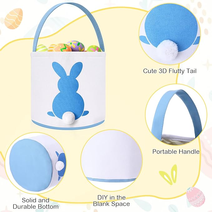 Domensi 4 Pcs Bunny Easter Basket Bags with 4 Plush Bunny Headband for Kids Adults Small Canvas Easter Baskets Bulk for Egg Hunt Favor; 9 x 9.45 Inches