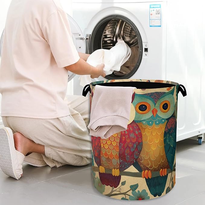 Cute Owl Laundry Basket,Foldable with Handles Tote Bag Oxford Cloth for Bathroom Bedroom Dirty Clothes Storage Bucket 16" x 20.8"