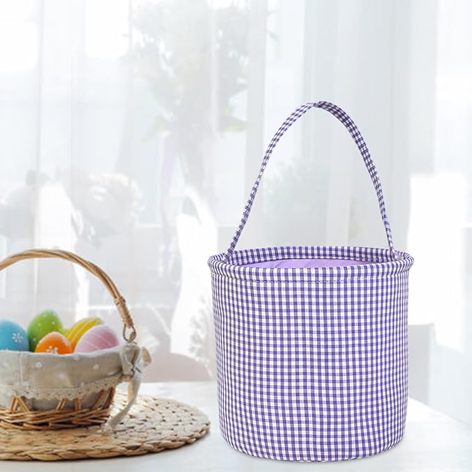 Plaid Easter Basket Stitch Easter Bag for Kids Colorful Cloth Baskets with Long Handle 9 Inch Spring Decorations (Purple)