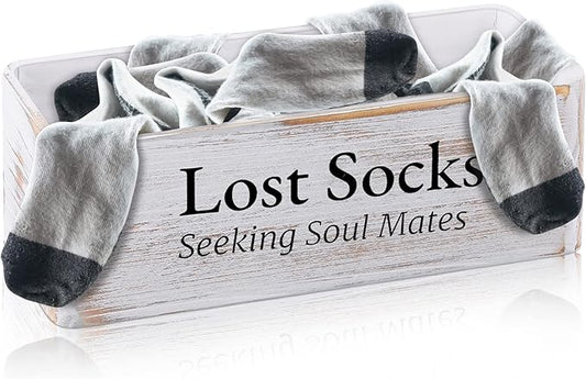 Farmhouse Lost Socks Storage Funny Laundry Sign Wooden Storage Basket Laundry Room Decor (11.02 x 3.54 x 3.54 Inch)