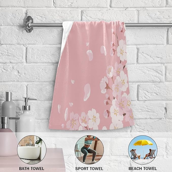 2 Pcs Pink Cherry Blossom Floral Decorative Hand Towels for Bathroom,Soft Absorbent Japanese Flower Aethetic Dish Towels for Kitchen,Quick Dry Guest Bathroom Towels for Face,Shower 14"x28"