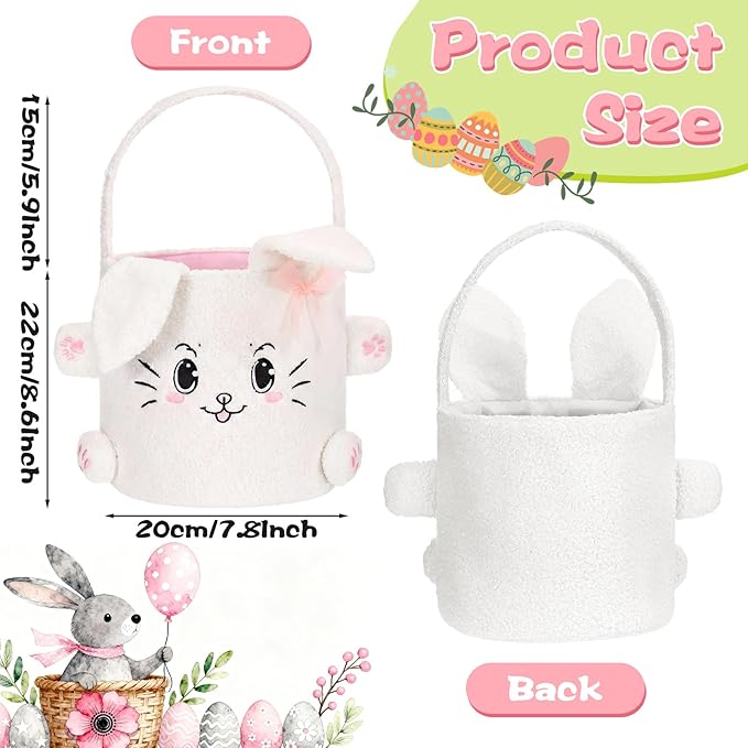 Mimorou 3 Pack Plush Bunny Easter Basket Sherpa Easter Bucket with Rabbit Ears Decorative Bow Large Bunny Tote Bags Ideal for Egg Hunt, Party Favors, Decorations & Storage(White)