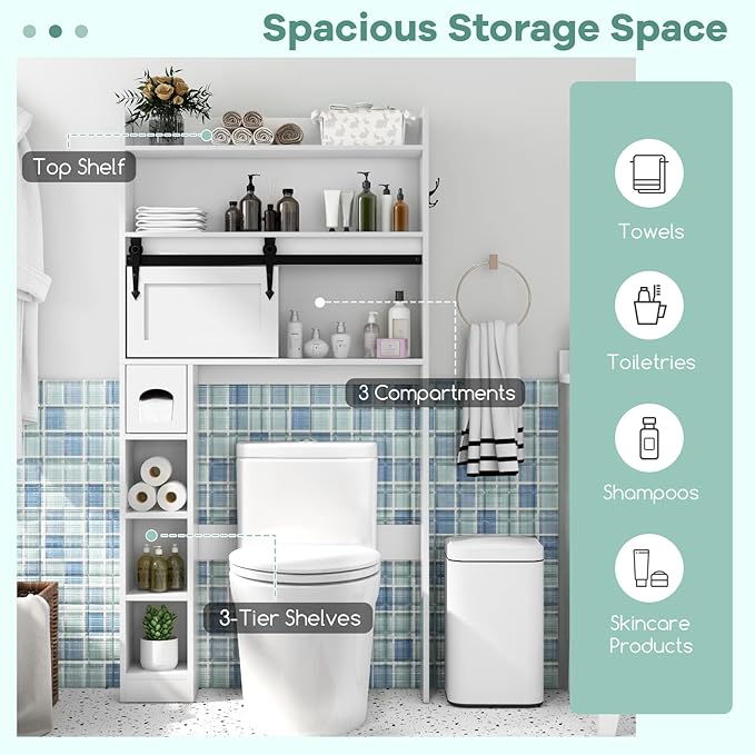 Tangkula Over The Toilet Storage Cabinet, Farmhouse Freestanding Above Toilet Rack w/Sliding Barn Door, Adjustable Shelves, Toilet Paper Holder, 2 Hooks, Bathroom Space Saver (Retro, White)