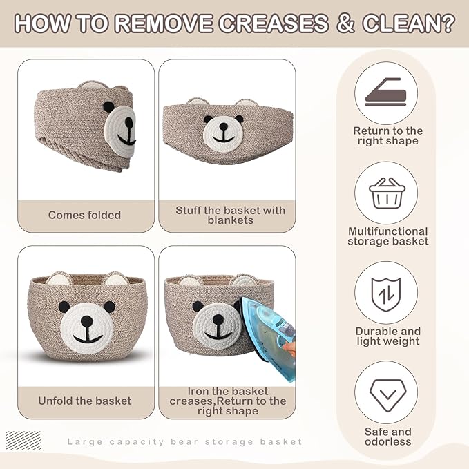 Zopeal Bear Basket 13" D x 9.5" H for Nursery Cotton Rope Woven Cute Storage Basket with Handles Animal Hamper for Baby Shower Laundry Bathroom Home Decorative