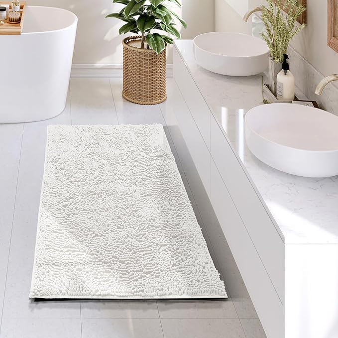 Hearth & Harbor Bathroom Rugs, Chenille Bath Mat - Machine Washable Bath Mats for Bathroom Non-Slip Backing Rubber, Quick Dry Bathroom Mat - White 24x36