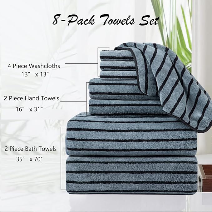 8 Pcs Grayish Blue Cabana Stripe Large Bath Towel Oversized Bath Sheet-2 Bathroom Towels,2 Hand Towels,4 Washcloths Soft Jumbo Absorbent Shower Towel Quick Dry Beach Chair Spa Gym Hotel Towel