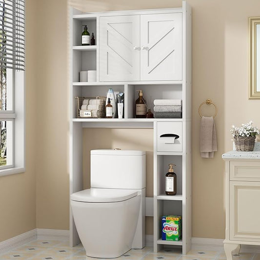 Shintenchi Over The Toilet Storage Cabinet, Bathroom Storage Cabient with Barn Doors, Bathroom Storage Shelf Organizer with Toilet Paper Holder, Adjustable Shelf and Anti-Tip Device, White