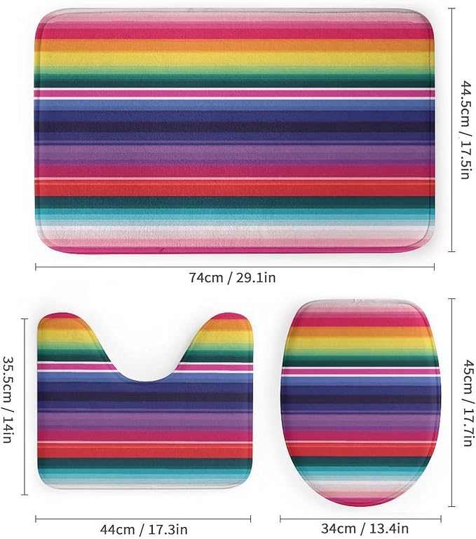 4 Piece Bathroom Rug Set with Shower Curtain, Non-Slip Bath Mat Toilet Cover Set, Colorful Mexican Stripes Bathroom Rug Sets