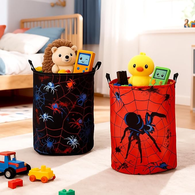 2 Pcs Spider Laundry Hamper Basket Spider Bedroom Decor Large 17.3 x 13.8 Inch Round Collapsible Toy Storage Organizer Basket with Waterproof Layer for Closet Playroom Nursery Toy Dirty Cloth