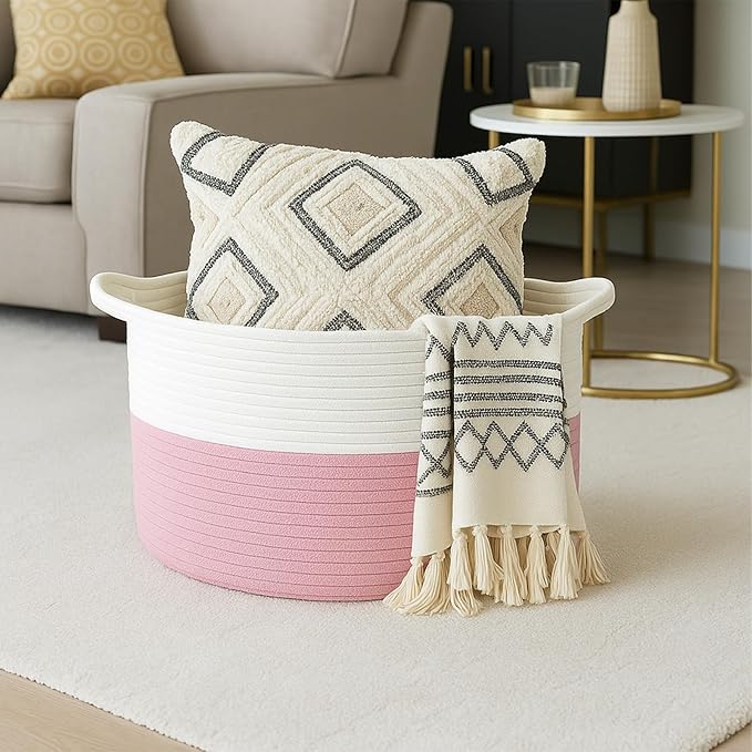 ShellKingdom Laundry Basket, Large Natural Rope Woven Storage Basket with Handles for Home, Living Room, Laundry, Storage Organizer for Blankets, Clothes, Toys, 13.78 x 21.65 INCH (2-Toned White Pink)
