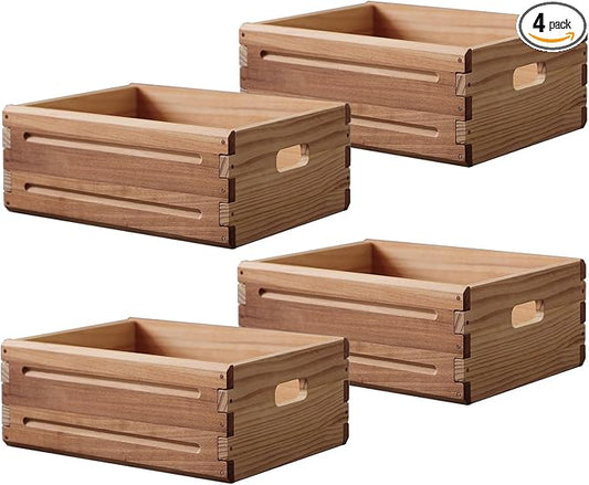 4 Pack Wooden Storage Bins of 16"x12"x6.25".Durable Open Solid Wood Box w/ Handles.Farmhouse Container Shelf Baskets. Multipurpose Home Décor Organizer Crates for Display,Pantry,Book,CD