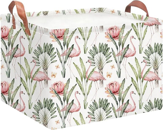 Rectangular Storage Basket Empty,Storage Bin with Handles,Room Decor,Gift Basket,Book Box(Watercolor Flamingo)