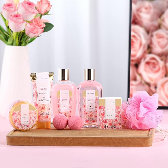 spa luxetique Gift Set For Women, Bath Sets for Women Gift, 8 Pcs Rose Spa Basket Includes Bubble Bath, Shower Gel, Body Lotion, Mom Birthday Gifts, Mother‘s Day Gifts for Her
