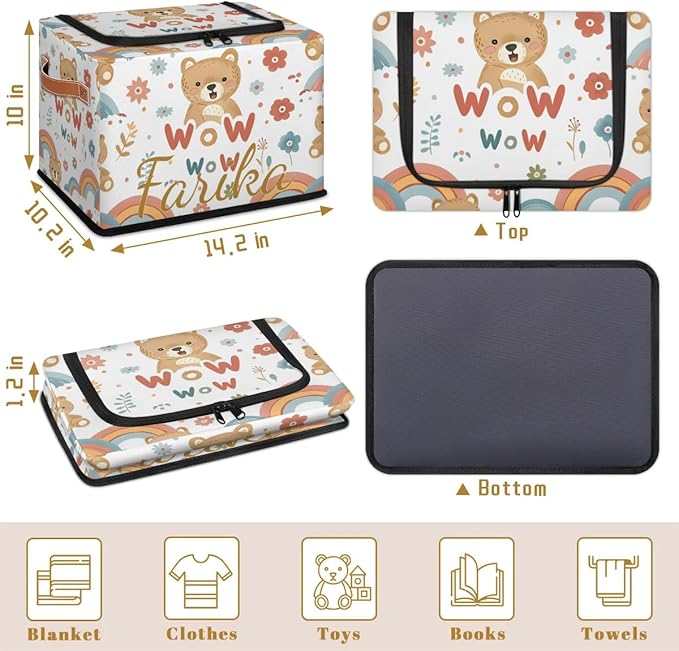 Custom Cute Bear Storage-Bin With Zipper Lid for Kids-Girls-Boys-Baby-Pet,Personalized Name Foldable Storage Box with Handle,Baby Basket With Label for Bedroom Nursery Toy Clothes,White