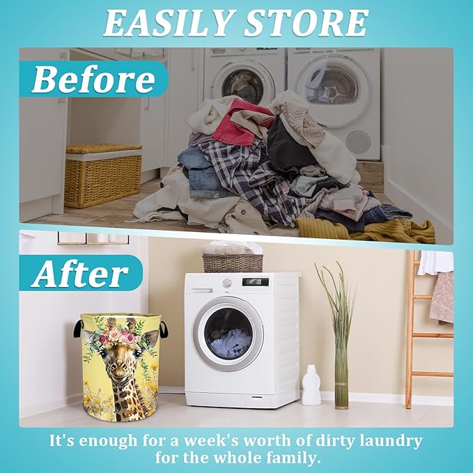 Giraffe Flower Laundry Basket, Foldable Waterproof Oxford Cloth Laundry Hamper Funny Tote Bag Dirty Clothes Storage Bucket Toy Organizer for Bathroom/Laundry/Bedroom 15.7"x19.6"