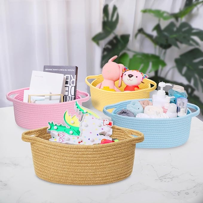 ABenkle Small Basket with Handles - Decorative Durable Rope Woven Storage Bin Shelf Storage Organizer Cube, Easter Baby Gift Basket, 12"x8"x5"