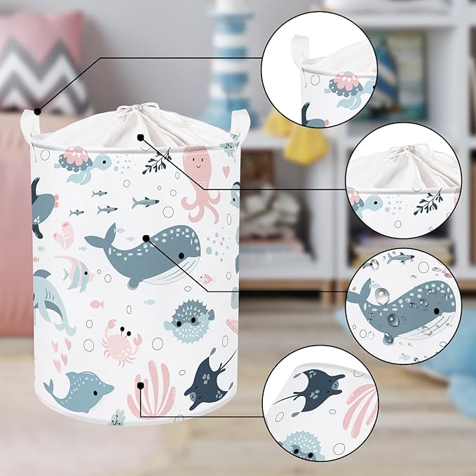 Clastyle Marine Animals Bubbles Kid Laundry Basket with Lid Foldable Sea Shark Dirty Clothes Hamper Round Toy Clothes Pool Beach Towel Basket, Pink Mermaid, 36 * 45 cm