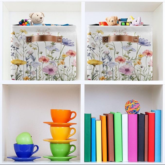 YETTASBIN Herbal Wildflowers Storage Basket 2pc, Large Collapsible Toys Clothes Organizer, Durable Canvas Storage Bin with Handle for Shelves Closet Laundry Home Office Decor