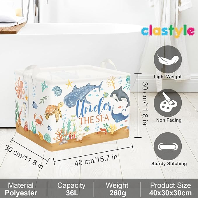 Clastyle Fish Sea Turtle Baby Basket Ocean Coral Seaweed Starfish Toy Book Shelf Basket Waterproof Pool Toy Beach Towel Storage Bin Large Dirty Clothes Laundry Hamper, Crab, 40 * 30 * 30 cm