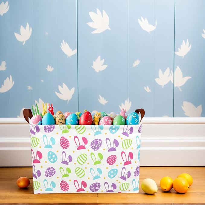 Large Rectangular Cute Kid Easter Basket Empty Bunny Eggs Easter Basket Gift Spring Room Storage Organizer Décor (Long Eared Rabbit Easter Egg)