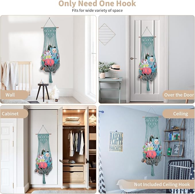 Stuffed Animal Storage Hammock, 63'' Jumbo Boho Macrame Corner Toy Hammock Wall Hanging Net Holder for Nursery Teddy Plushie, Turquoise Plush Toy Net with Star Light for Baby Boys Girls Gift