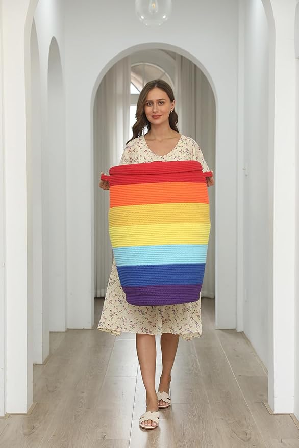 26" x 20" Handcrafted Tall Cotton Rope Basket with Lid, Stylish Flagon Shape with Cover, Clothes Hamper with Top, for Bedroom and Living Room, Rainbow