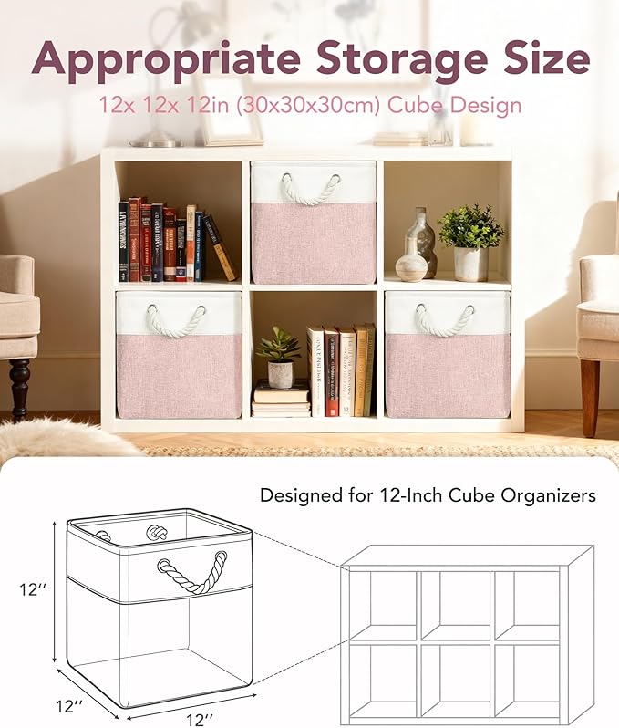 12x12 Storage Cube Bins, 6 Pack Reinforced Bottom Cardboard Foldable Box, Organizer for Closet Shelves, Heavy Home Storage Baskets (White Pink)
