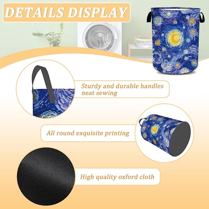 Starry Night Laundry Basket, Foldable Waterproof Oxford Cloth Laundry Hamper Funny Tote Bag Dirty Clothes Storage Bucket Toy Organizer for Bathroom/Laundry/Bedroom 15.7"x19.6"