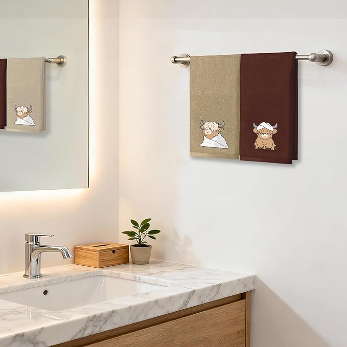 4 Pcs Highland Cow Hand Towels Cattle Embroidered Towel - 29" x 13.3" Soft Cotton Bathroom Towel Set Western Bath Towels Farmhouse Bathroom Decor Highland Cow Kitchen Decor Cute Housewarming Gift