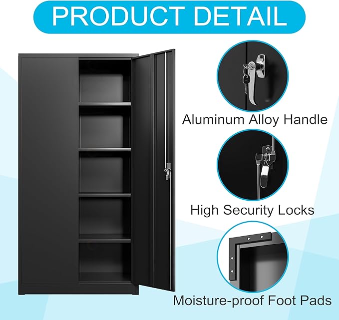 Black Iron Metal Lockable Storage Cabinet - Durable Home Office Garage Organizer for TV & Slim Storage - Secure Sideboard Locking Filing Pantry Tall Bathroom Floor Storage Cabinet with Lock