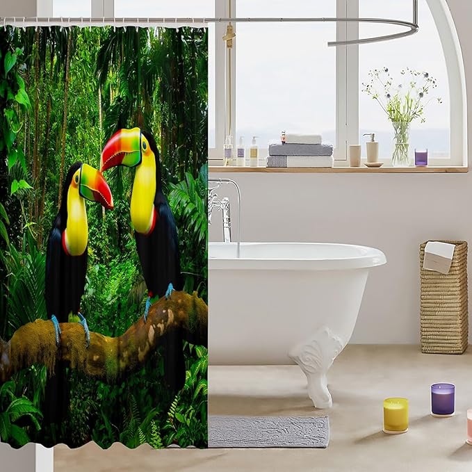3D Toucan Fabric Shower Curtains Tropical Parrot Bath Curtain Double Birds Safari Animals Shower Curtain For Kids Boys Girls Standing On The Tree Trunk Fresh Nature Curtain Sets 72" W X 72" L Green