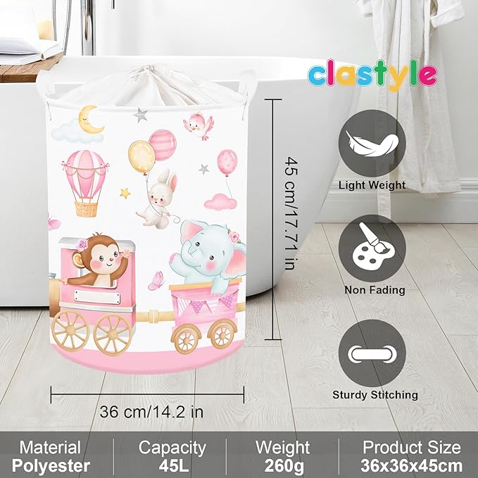 Clastyle Collapsible Large Pink Train Animals Kid Laundry Hamper for Girl Flower Elephant Lion Clothes Toy Storage Basket with Lid for Nursery