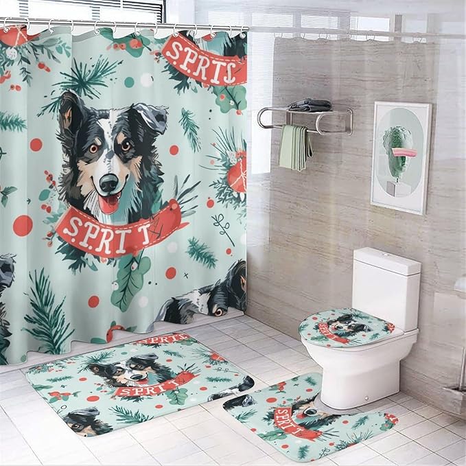4 Piece Bathroom Shower Curtain Sets with Non-Slip Rugs Toilet Lid Cover and Bath Mat Dog Pet Graphic Waterproof Shower Curtain Best Dog for Bathroom Decor Merry Christmas Shower Curtain Set