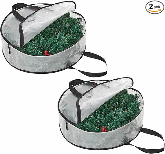 2 Pack Clear Christmas Wreath Storage Bags 24 Inch - Waterproof Wreath Container with Dual Zipper and Reinforced Handles for Artificial Wreath, Garland and Holiday Decor Organization