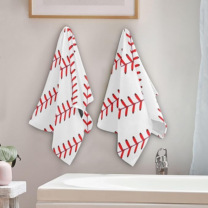 2 Pcs White Red Baseball Stitches Hand Towels for Bathroom,Soft Absorbent Sport Themed Base Ball Dish Towels for Kitchen,Quick Dry Decorative Guest Bathroom Towels for Face,Shower 14"x28"