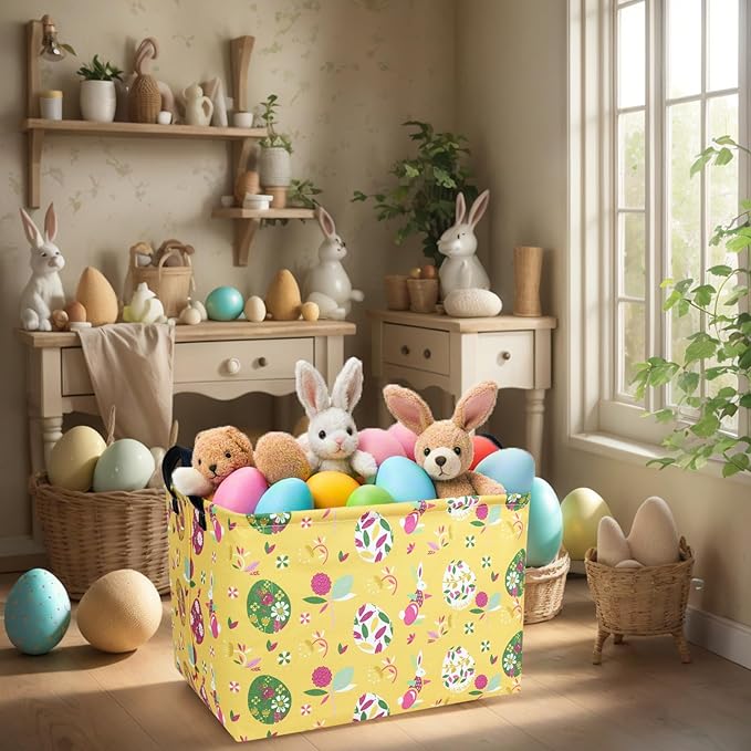 Kid Large Empty Easter Basket Personalized Fabric Bunny Easter Basket for Boy and Girl (Art Rabbit Easter Egg)