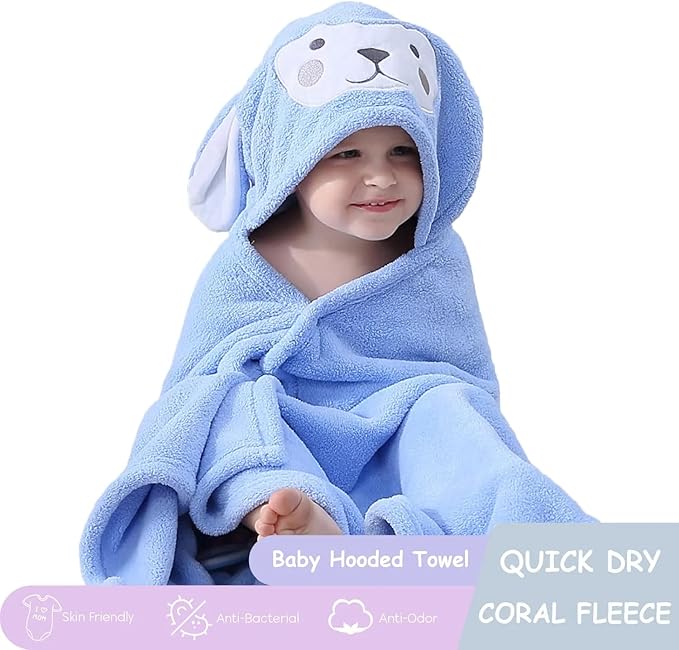 2pcs Microfiber Natural Fleece Soft Bath Towel for Kid with Cute Sheep Ears - Ultra Absorbent, Large Bath Towel for Boy and Girl - (Sheep 27.5 x 55 Inch) (Blue)