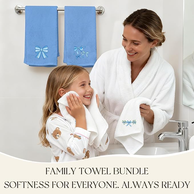 4 Pcs Bow Hand Towels Blue Hand Towels for Bathroom 29" x 13.3" Cute Bath Towel Bow Embroidered Decorative Towel Set Cotton Bowknot Bathroom Accessories Blue Kitchen Decor Bridal Shower Wedding Gift