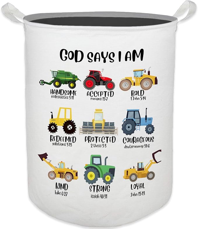 God Says I Am Construction Kids Laundry Basket, Toybox for Boys Room, Christian Laundry Basket Hamper Waterproof Collapsible Clothes Toys Storage Bin Organizer for Bedroom Bathroom Boys Room