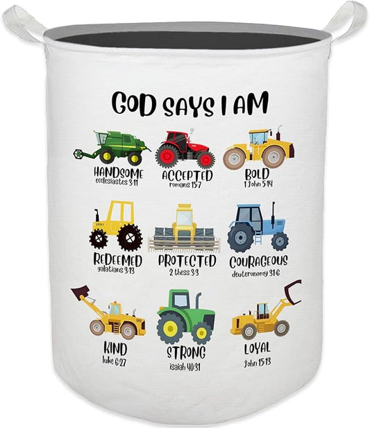 God Says I Am Construction Kids Laundry Basket, Toybox for Boys Room, Christian Laundry Basket Hamper Waterproof Collapsible Clothes Toys Storage Bin Organizer for Bedroom Bathroom Boys Room