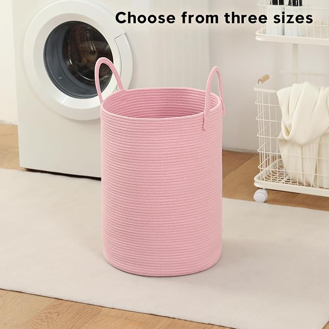 Woven Laundry Hamper Tall Rope Storage Basket for Blanket toys Dirty Clothes in Living Room Bathroom Bedroom (Pink, 60L/15.8Gal)