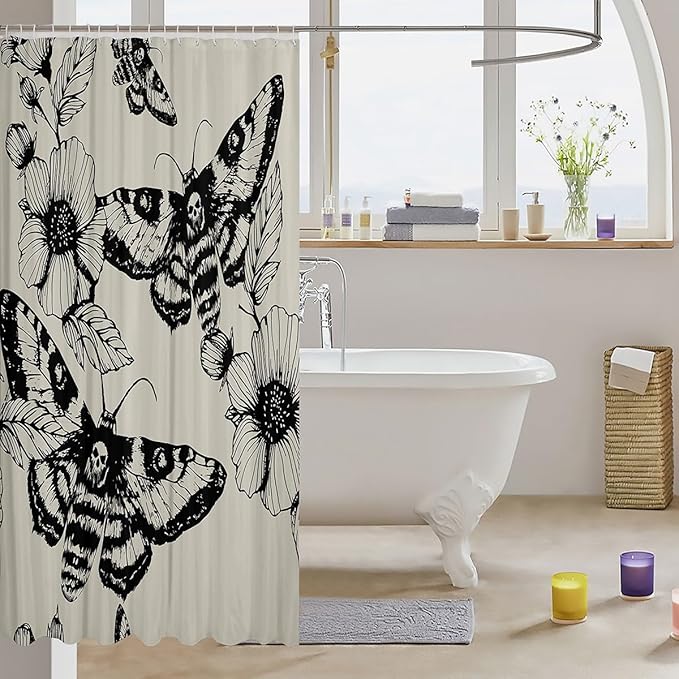 Gothic Skull Bathroom Shower Curtain Set Decorative Death Moth and Flowers Bath Curtain Kids Stalls Decor Pesonalized Skeleton Bones Shower Curtain Black Cream Waterproof Bathroom Curtains 72"x72"