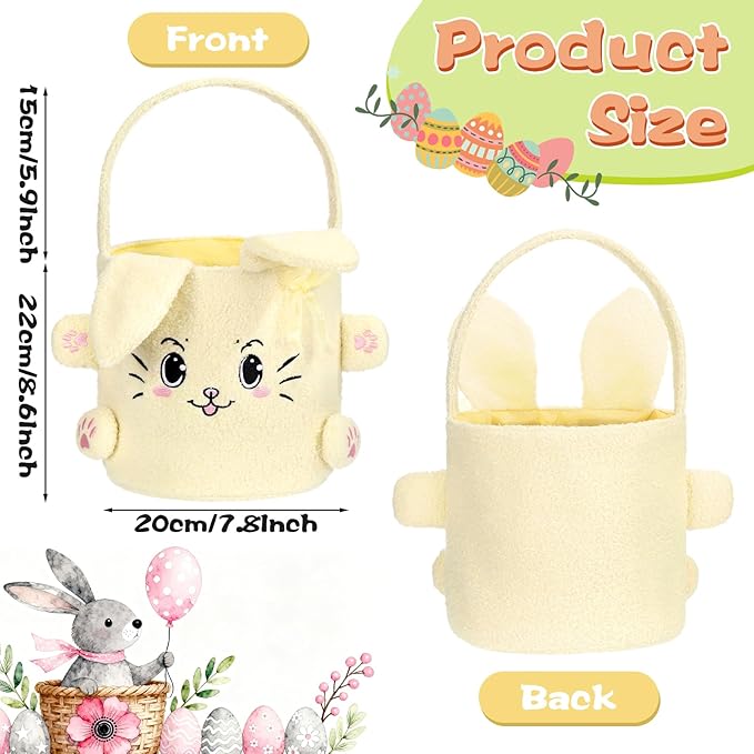 Mimorou 3 Pack Plush Bunny Easter Basket Sherpa Easter Bucket with Rabbit Ears Decorative Bow Large Bunny Tote Bags Ideal for Egg Hunt, Party Favors, Decorations & Storage (Orange Pink and Yellow)