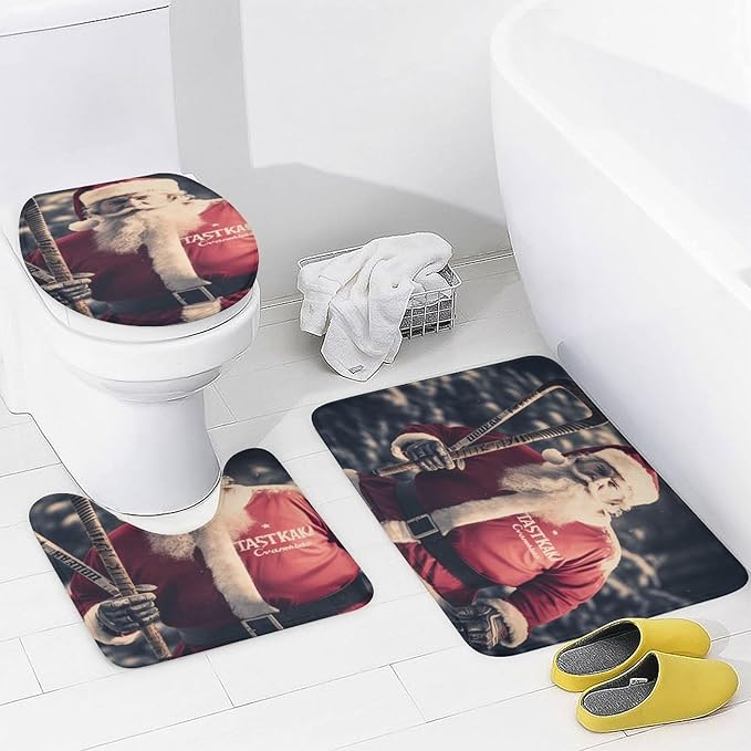 4 Pcs Shower Curtain Sets with Rugs Include Waterproof Shower Curtain Non-Slip Rug Toilet Lid Cover Bath Mat Santa Claus Playing Hockey Ice Skate Sport Waterproof Shower Curtain Sports Fan