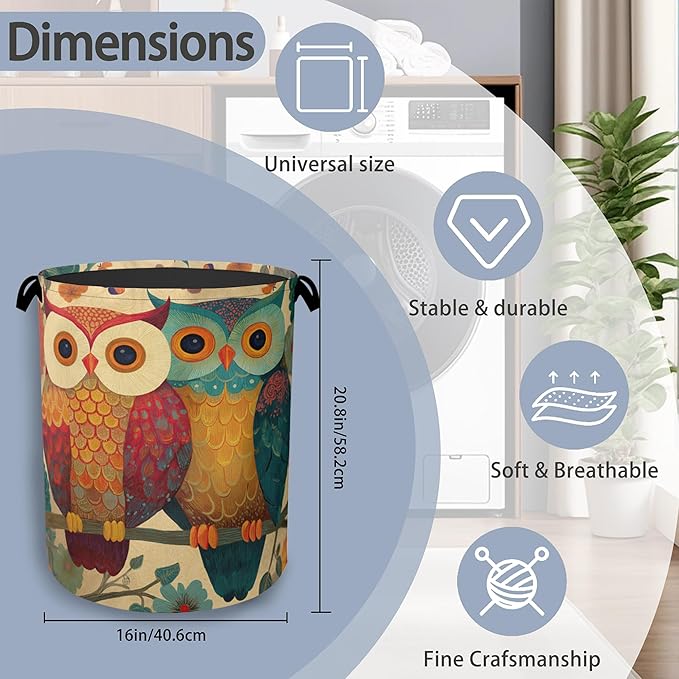 Cute Owl Laundry Basket,Foldable with Handles Tote Bag Oxford Cloth for Bathroom Bedroom Dirty Clothes Storage Bucket 16" x 20.8"